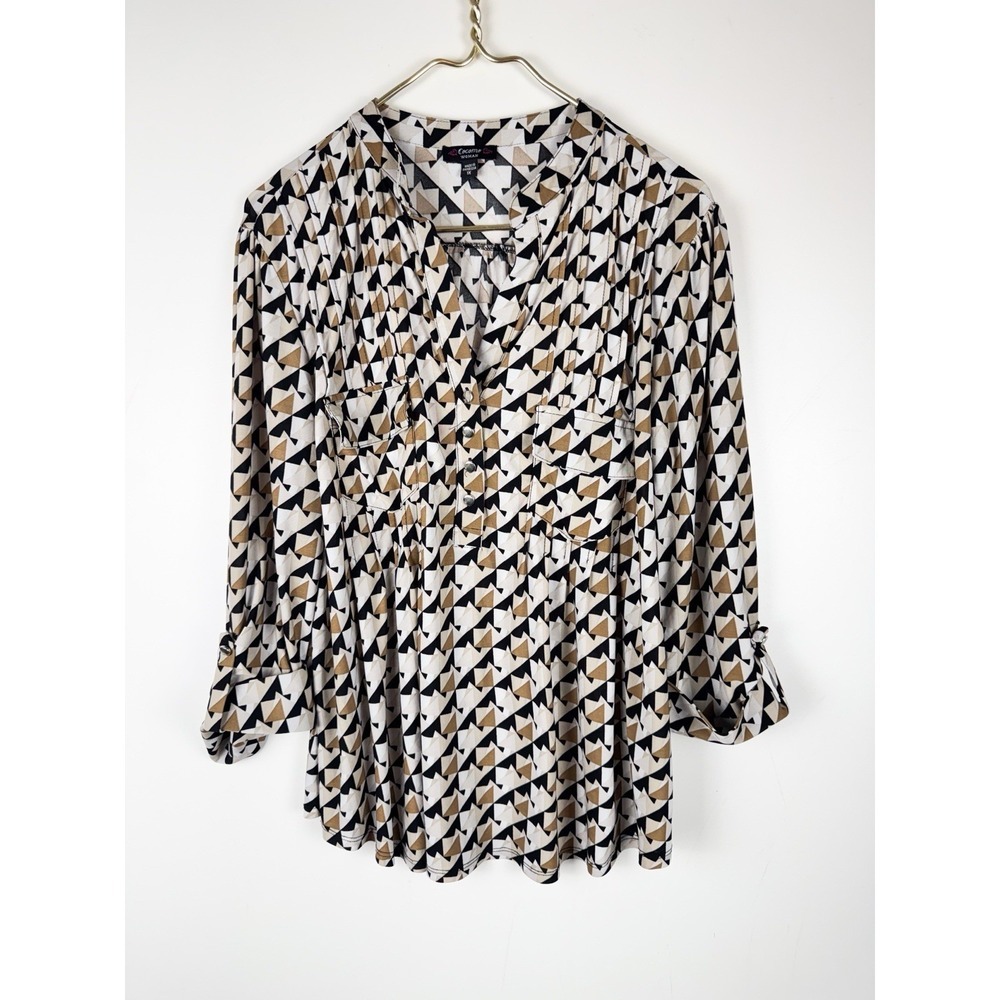 Cocomo Woman Geometric Henley Blouse 1X Black Tan Roll Tab Sleeve Plus Size Top